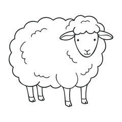Cute cartoon sheep with fluffy wool outline drawing on white background. Outline vector illustration