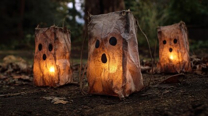 Spooky outdoor lanterns made from paper bags with ghostly cutouts