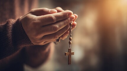 Close-up of hands holding a religious rosary with a cross during prayer at sunset.