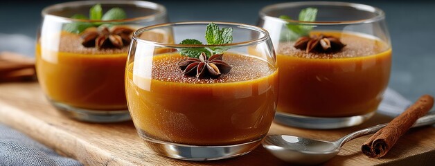 Pumpkin mousse enriched with spices served in elegant glasses, accompanied by pumpkin cubes on a rustic wooden board