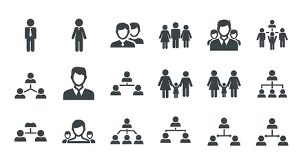 Diverse People Pictograms Representing Groups, Individuals, Families, and Organizational Hierarchy for Visual Communication: Set of Illustrations