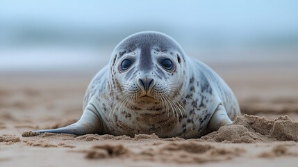 Grey seal pup resting on a sandy beach in Norfolk, UK.