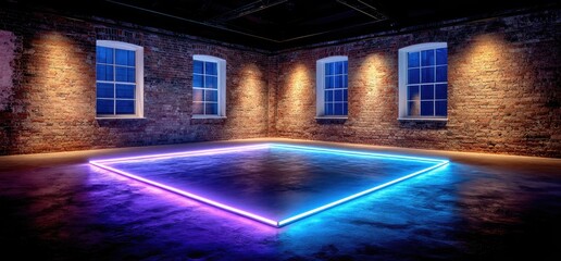 Neon square on concrete floor in industrial space