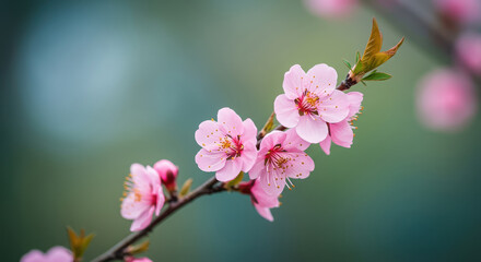 Obraz premium Close up of a blossoming branch with pink flowers against a blurred background
