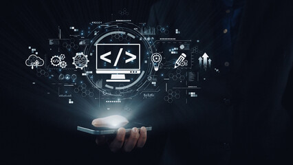 Modern web development concept featuring coding symbols, web development process, web development...