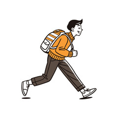 Vector illustration of a young man walking fast or running with a backpack.