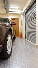 Modern garage interior showcasing minimalist design with brown car parked and open garage door revealing sleek aesthetic and professional storage solutions