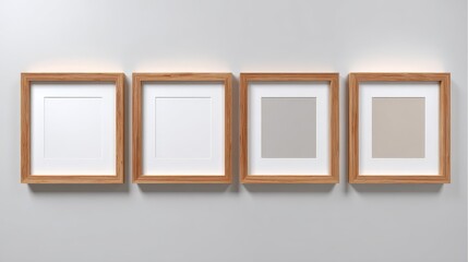 Four Empty Light Brown Square Wooden Picture Frames On A White Wall