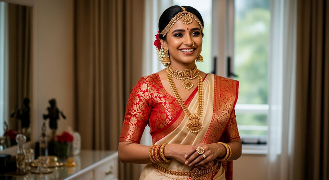 A smiling indian bride in traditional saree and gold jewelry poses