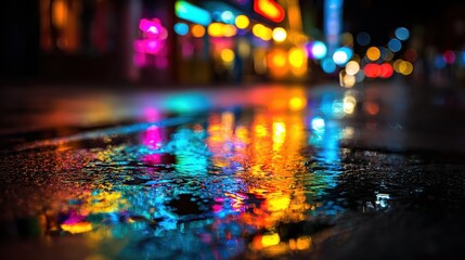 Fototapeta premium Multi-colored neon lights on a dark city street, reflection of neon light in puddles and water. Abstract night background, blurred bokeh light. Night view colorful