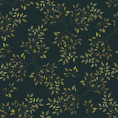 Branches with leaves, green tones colorful silhouette pattern. Endless print on dark blue background. 