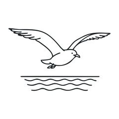 Obraz premium Line drawing of a seagull flying over ocean waves minimalistic design. Outline vector illustration