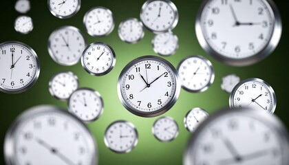 Multiple clocks floating in the air against a blurred green backdrop