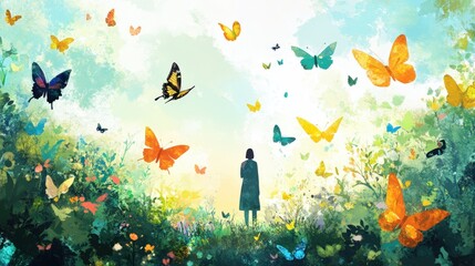 A solitary figure amidst a flourishing meadow of flowers and butterflies.