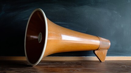 Vintage megaphone placed on a wooden surface before an empty chalkboard, representing retro communication.
