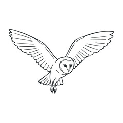 Naklejka premium Black and white barn owl line drawing with outstretched wings on white background. Outline vector illustration