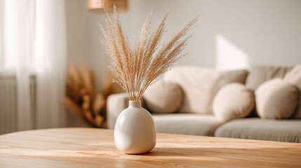 Elegant minimalist interior decor with beige pampas grass in a white vase on wooden table.