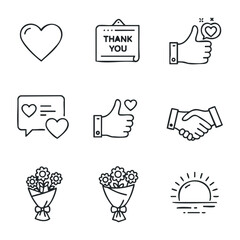 Heart, thank you sign, thumbs up, speech bubble, handshake, flower bouquet, sunset icons. Outline vector illustration