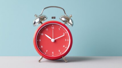 A vintage red alarm clock against a soft blue background, representing timeless simplicity and functionality.
