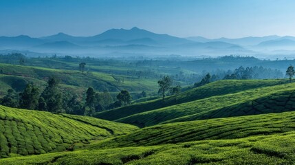Lush Green Rolling Hills and Mountain Range Scenic Landscape with Vibrant Vegetation.