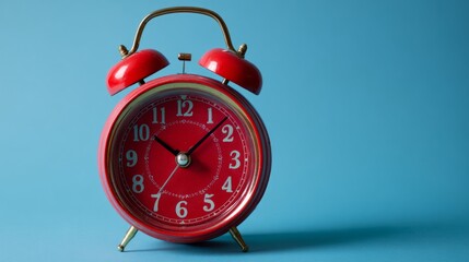 A vintage red alarm clock against a soft blue background, representing timeless simplicity and functionality.
