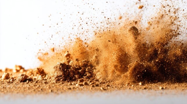 Dynamic explosion of dirt dust and debris kicked up into the air against white background.