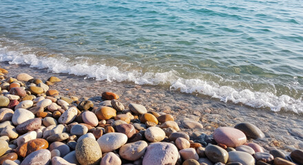 Waves washing ashore on a rocky beach with clear turquoise water nearby view
