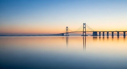 Fototapeta premium Serene bridge landscape at dusk reflecting on calm water with a beautiful gradient sky background view.