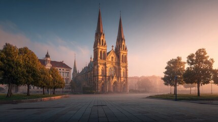 Beautiful sunrise over historic gothic cathedral with tall spires and trees.