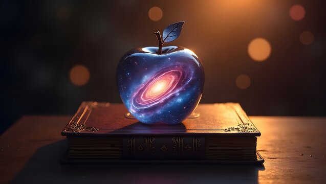 Cosmic Apple on Antique Book: Mystical, Fantasy, Galaxy Within