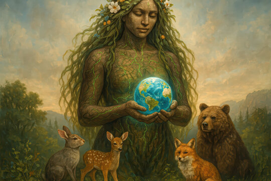 Mother Earth Goddess Holding Planet Surrounded by Forest Animals