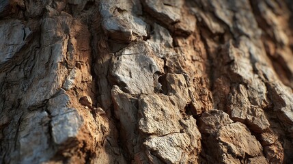 Detailed texture displays rough tree bark with natural light. 3D render shows volumetric lighting. AI generated.