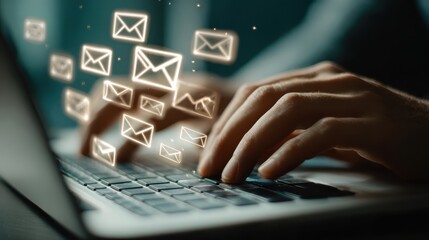 Digital Correspondence: A close-up shot of hands gracefully typing on a laptop keyboard, surrounded by floating email icons.