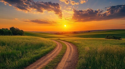 Green field with a dirt road under a golden sunset sky.
