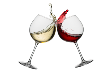  two wine glasses clinking together in a celebratory toast, with dynamic splashes of both white and red wine elegantly captured mid-air.