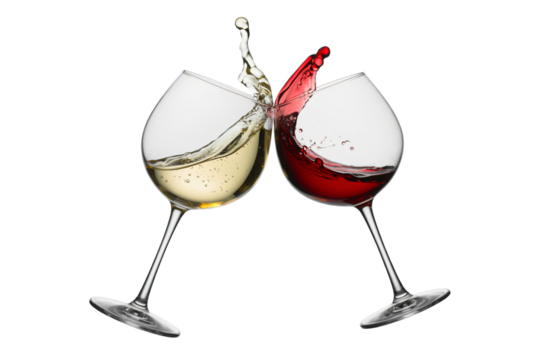  two wine glasses clinking together in a celebratory toast, with dynamic splashes of both white and red wine elegantly captured mid-air.