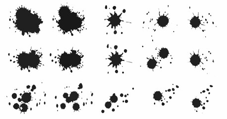 Vector  collection of black ink splatters and blots in various shapes and sizes scattered across a white background