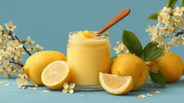 A jar of lemon curd with a wooden spoon, creamy texture and bright yellow color, surrounded by fresh whole lemons, lemon slices, and yellow flowering branches