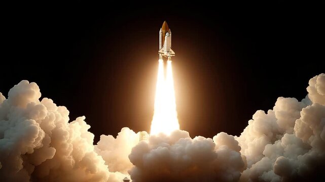 Rocket Launch Powerful Ascent Through Plumes of Smoke Against Dark Background
