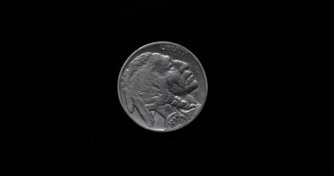 1937 US Buffalo Nickel isolated on turntable.  Front view.