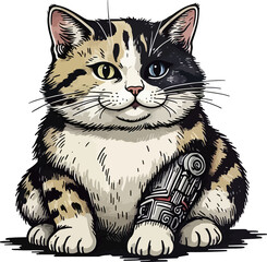 Cute cartoon kitten and mouse with a fish, isolated black and white feline vector illustration