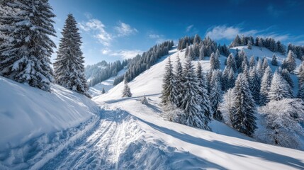 Obraz premium Beautiful snowy mountain landscape with dense fir trees and clear blue sky.