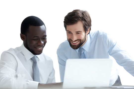 Two smiling businessmen reviewing work on a laptop.