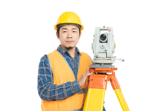 Surveyor with theodolite, construction worker, engineering