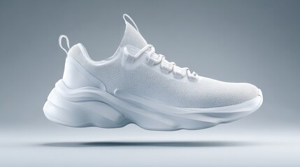 White sneaker with modern design floating on a plain background. Product mockup for footwear design.