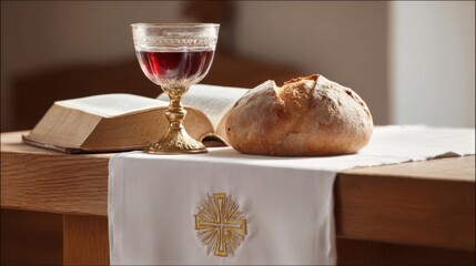 Traditional religious altar with bread wine and holy book on wooden table.