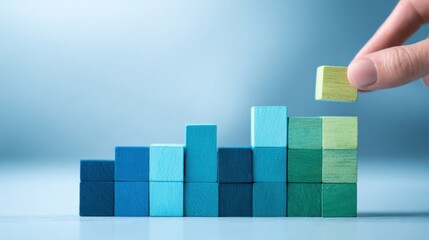 Hand placing green block on increasing stack of blue wooden blocks representing growth.