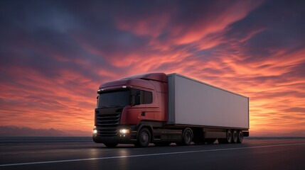 Truck Transporting Container at Sunset Open Road Vehicle in Motion Dramatic Sky Dynamic Perspective