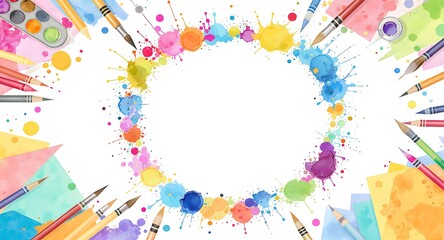 Obraz premium Vibrant Artistic Background with Colorful Watercolor Splash Frame and Art Supplies