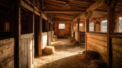 Fototapeta premium Rustic wooden stable interior with hay bales and natural light streaming through windows.